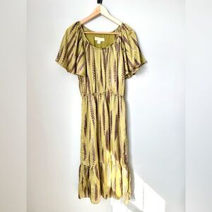 Olive Green Feather Patterned Silky Women’s Midi Dress Flutter Sleeve